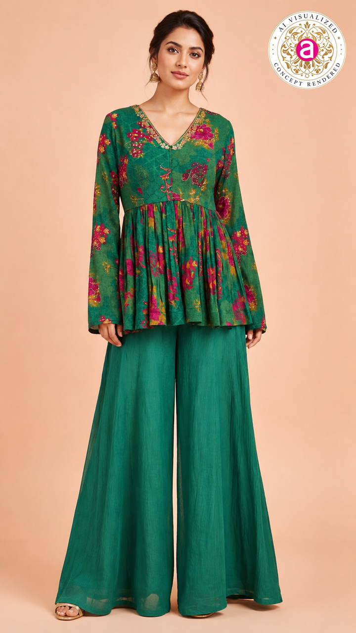 Teal Floral Printed Peplum Top with Palazzo Set
