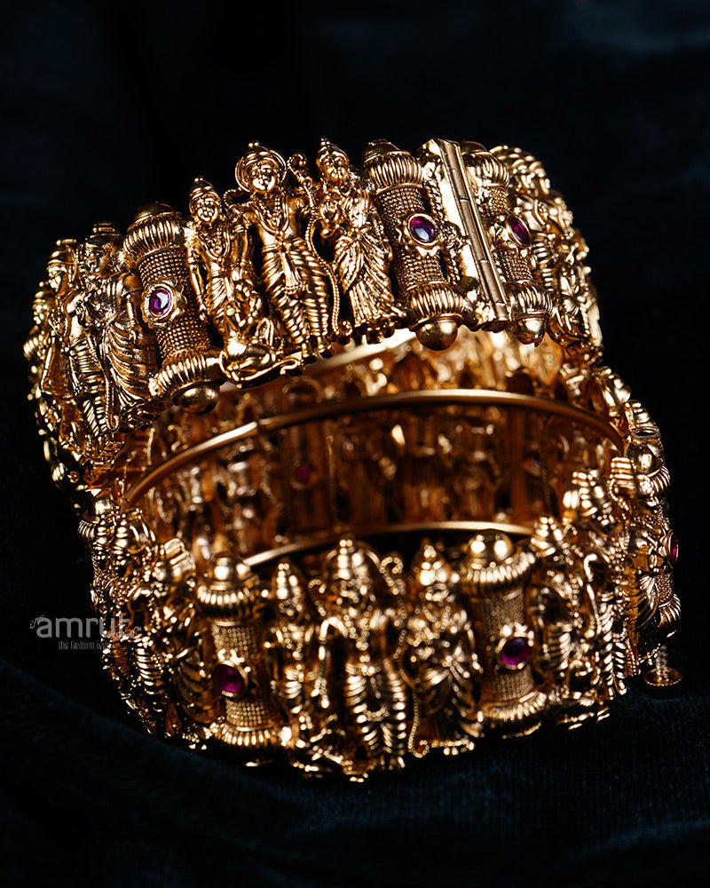 Bhagwan Ram Carving and Red Gemstone Accents Gold Toned Bangles