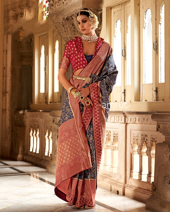 Navy Blue and Maroon Gold-Toned Ethnic Motifs Design Zari Silk Saree with Unstitched Blouse