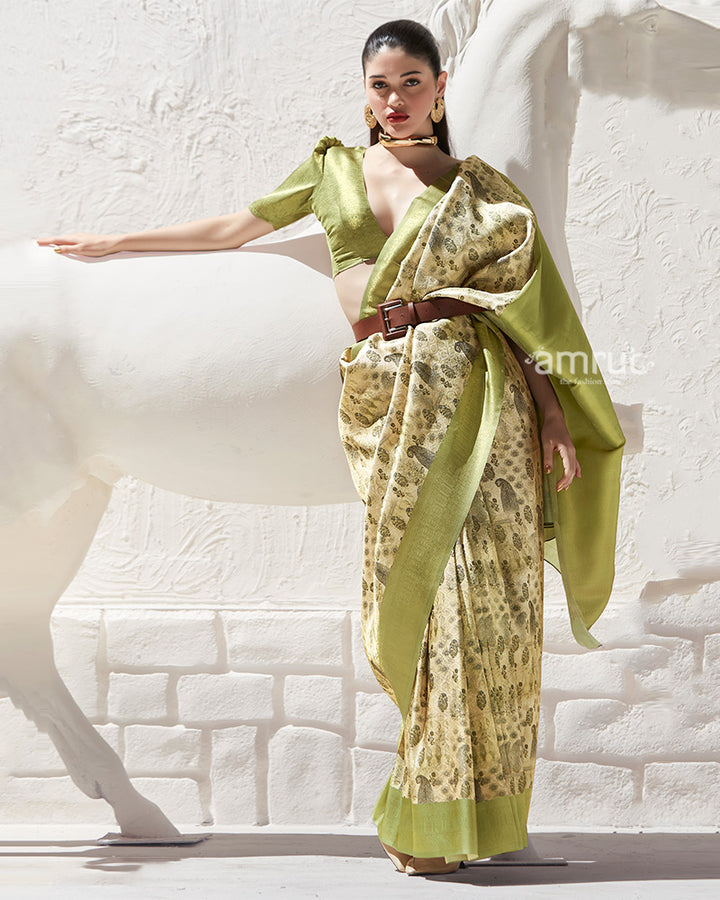 Lime Green Floral-Print Cream Silk Saree with Unstitched Blouse