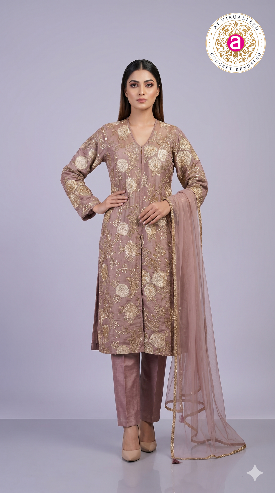 Dusty Rose Floral Embroidered Straight Kurta Set with Dupatta