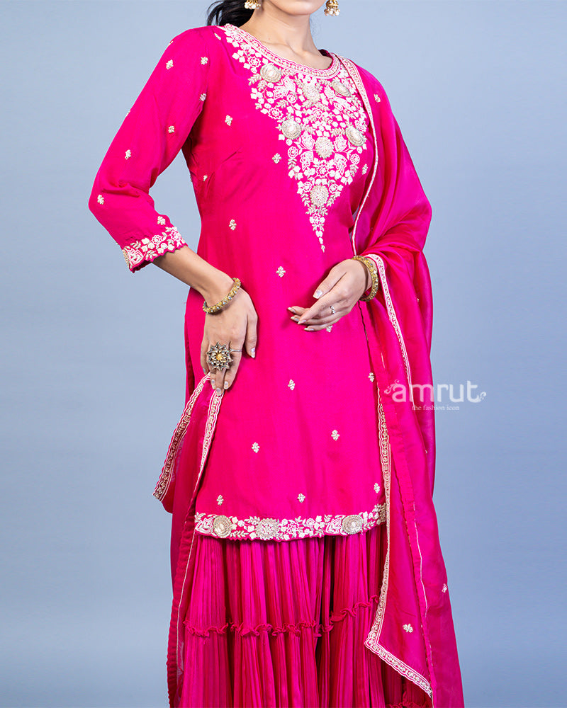 Magenta Pink Embroidered Embellished Kurti with Pleated Sharara Pants and Dupatta