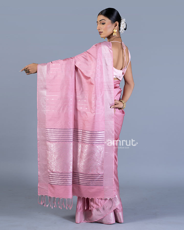 Pastel Pink with Greyish-Pink Stripes Saree with unstitched blouse