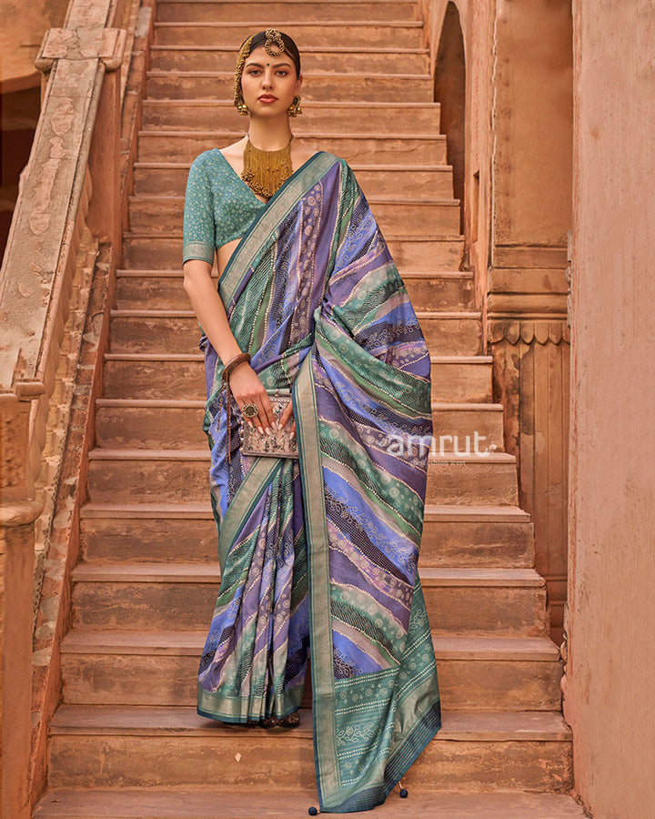 Lavender and Blue Zari Weaving Silk Saree with Unstitched Blouse