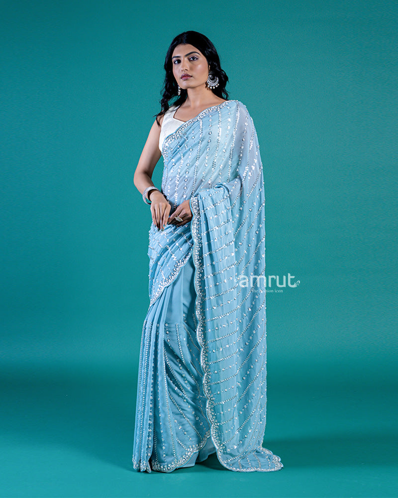 Light Blue Sequin and Bead Striped Embellished Saree with Unstitched Blouse