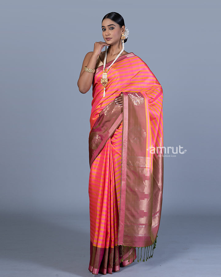 Pink Saree with Muted Yellow Stripes, Coral Tree Shade Border with Unstitched Blouse