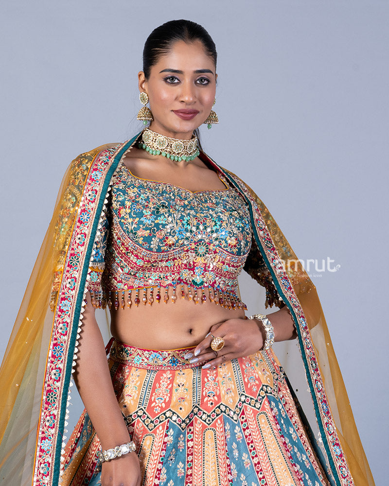 Multi-Colored Embroidered Lehenga and Teal Choli with Ombre Dupatta