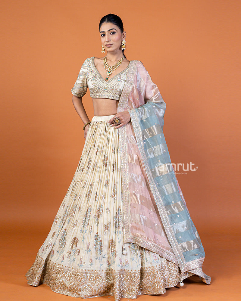 Cream Embellished Lehenga Choli Set with Blush Pink Dupatta