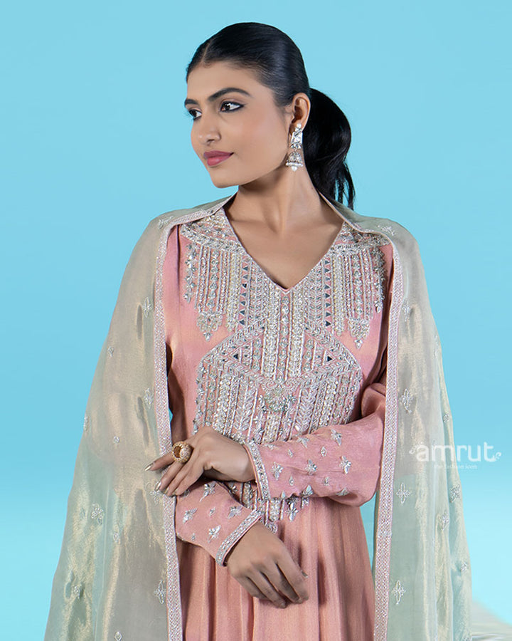 Dusty Rose Beaded Embellished Gown with Sage Green Dupatta