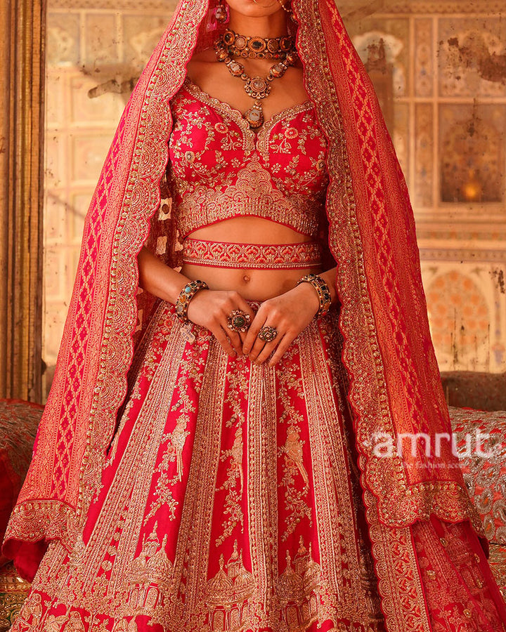 Crimson Red with Gold Embroidery and Sequins Bridal Lehenga Choli