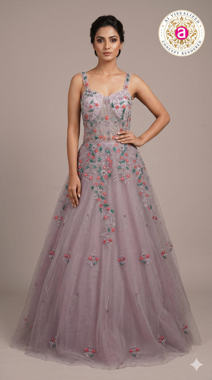 Dusty Lavender Floral Embroidered Ball Gown with Crystal Embellishments