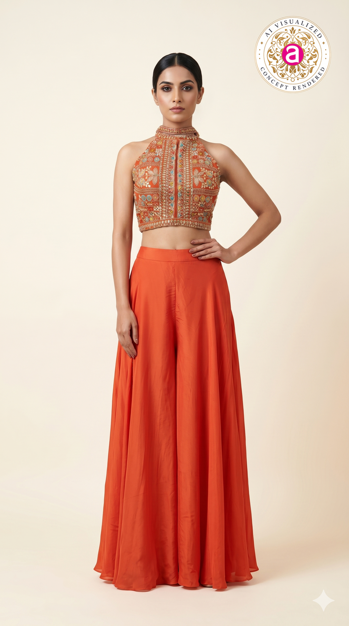 Orange Embroidered Halter Neck Palazzo Set