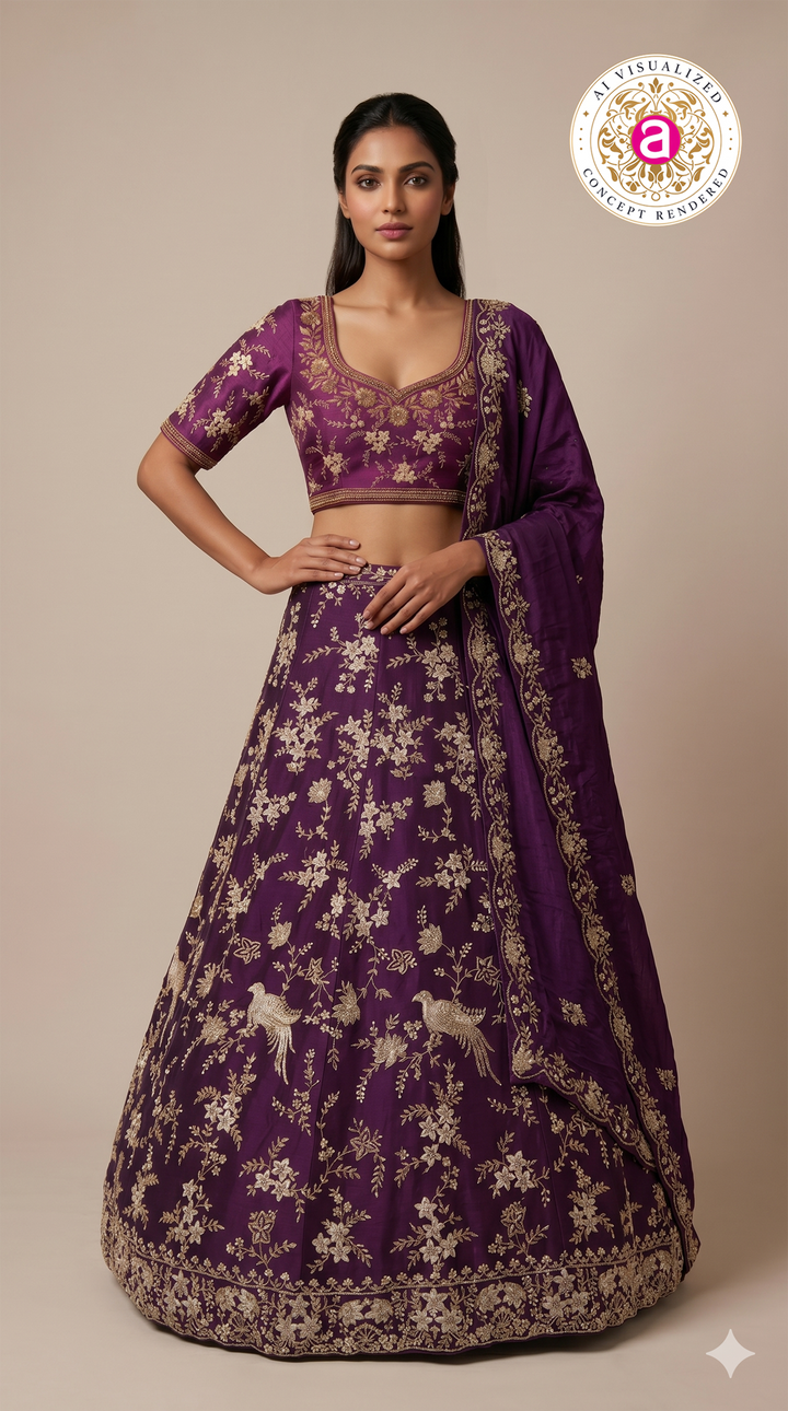 Royal Purple Embroidered Designer Lehenga Set with Floral & Bird Zari Work