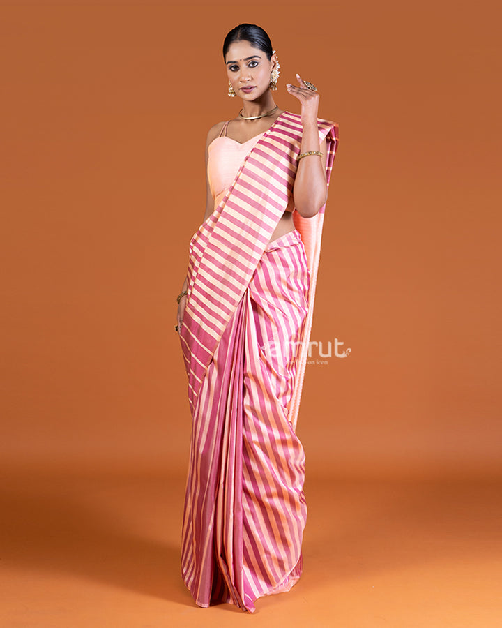 Light Pink and Beige Striped Saree with unstitched blouse