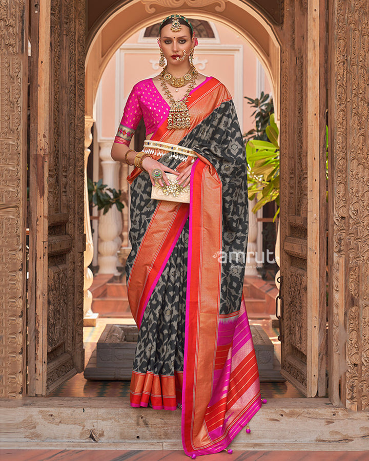 Black Patola Silk Saree with Foil Print & Red-Orange Border with Unstitched Blouse