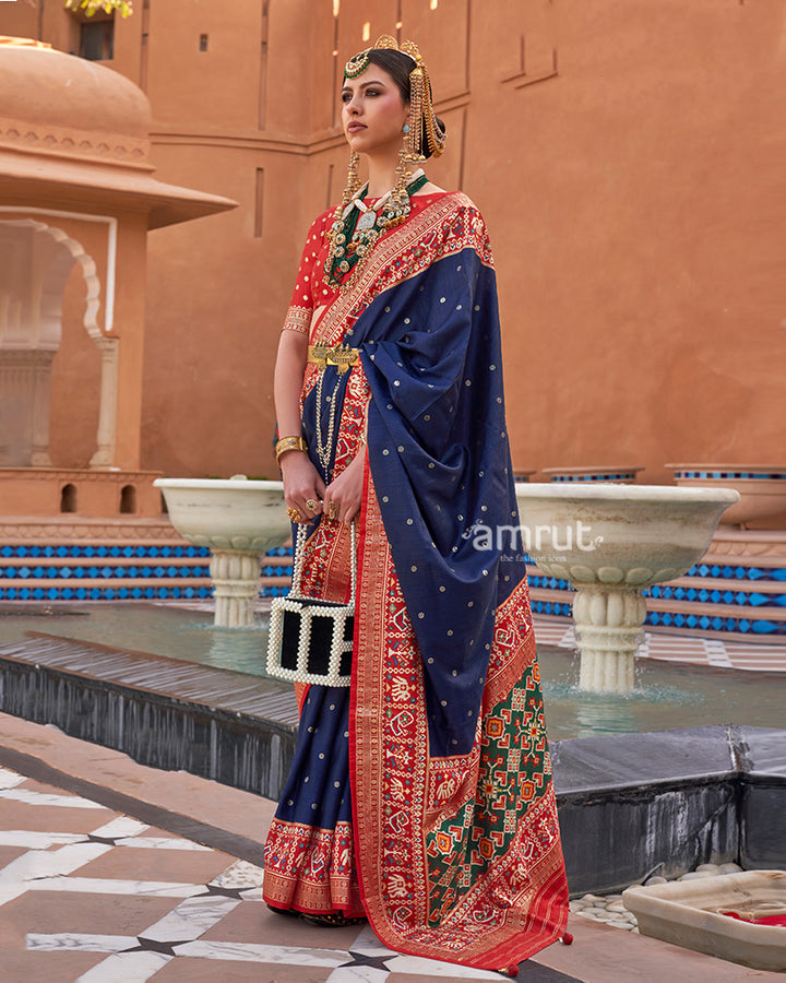 Navy Blue Zari Weaving Red Border Saree in Patola Silk with Unstitched Blouse