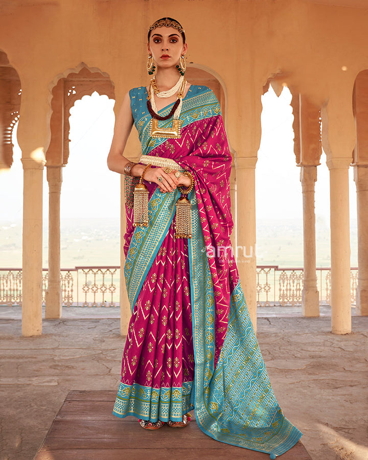 Rani Pink Ikat Printed and Teal Contrast Border Patola Silk Saree with Unstitched Blouse