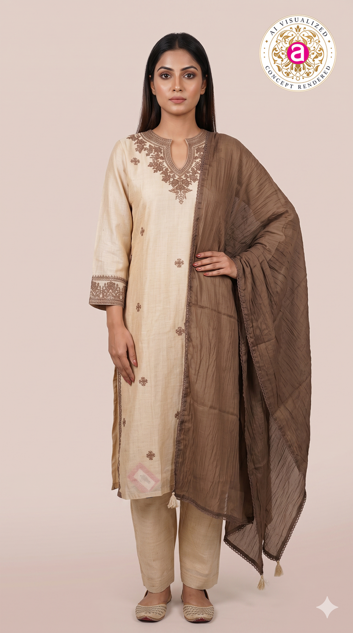 Ivory Embroidered Straight Kurta Set with Brown Dupatta