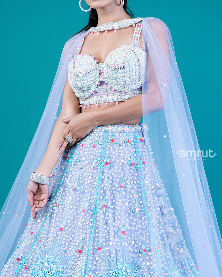 Embellished Light Blue Lehenga Choli with Ruffled Hem and Beaded Sweetheart Neckline