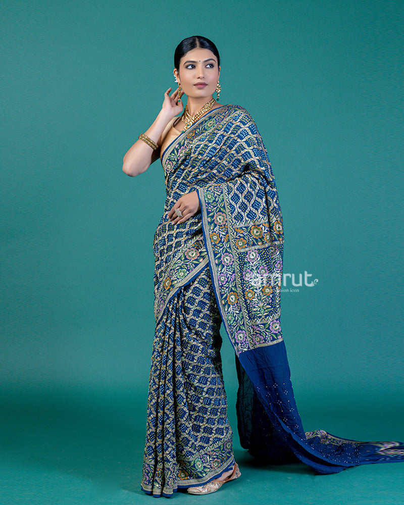 Navy Blue Bandhej Print Saree with Unstitched Blouse