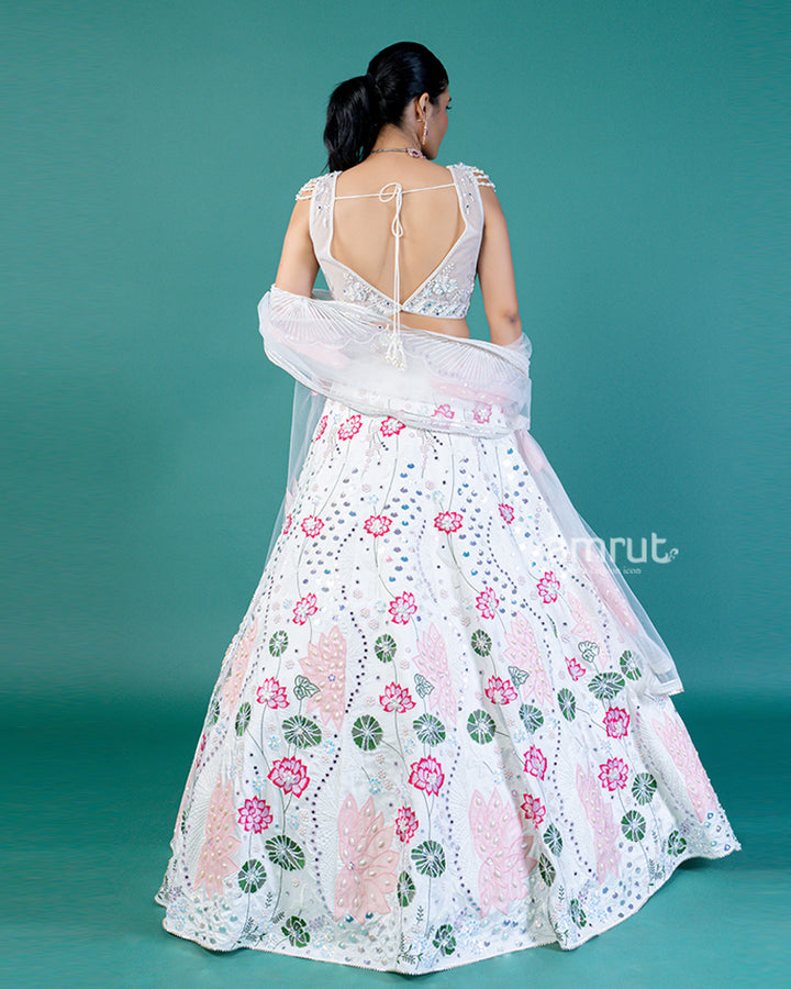 White Embroidered Lehenga with Lotus Design, Sweetheart Neckline Choli, and Sheer Dupatta