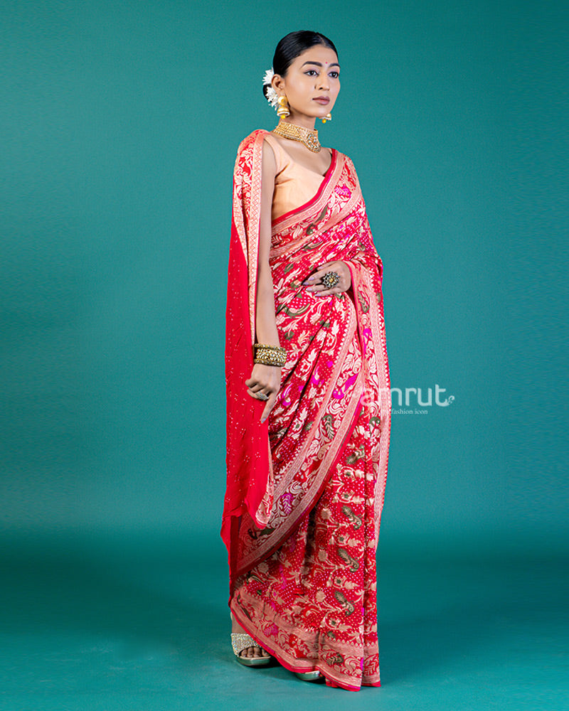 Red-Pink Dual Tone Saree with Zari Floral & Paisley Motifs and Unstitched Blouse