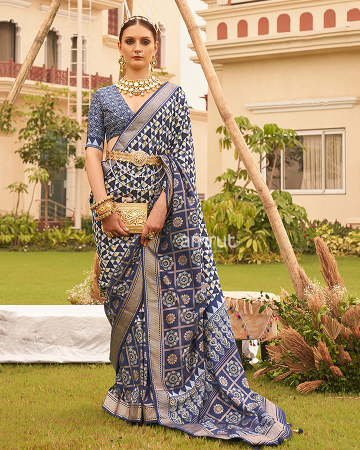 Blue & White Geometric Printed Embellished Zari Border Silk Saree with Unstitched Blouse