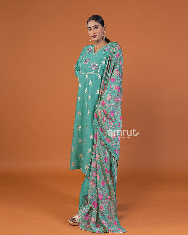 Green Embroidered Salwar Kameez with Printed Dupatta