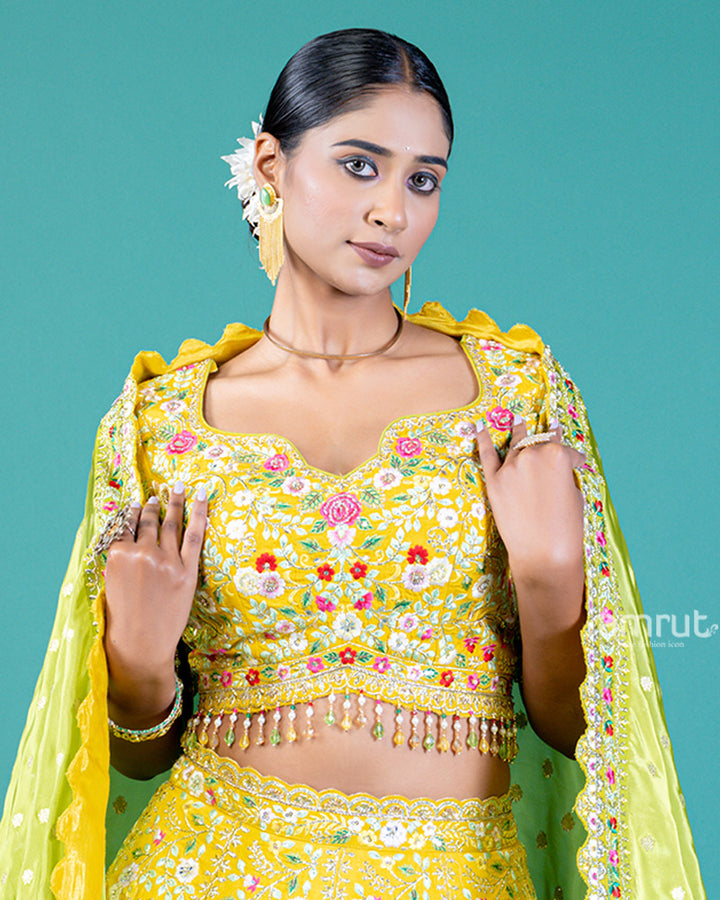 Elegant Yellow Lehenga Choli with Embroidered Choli and Sheer Dupatta