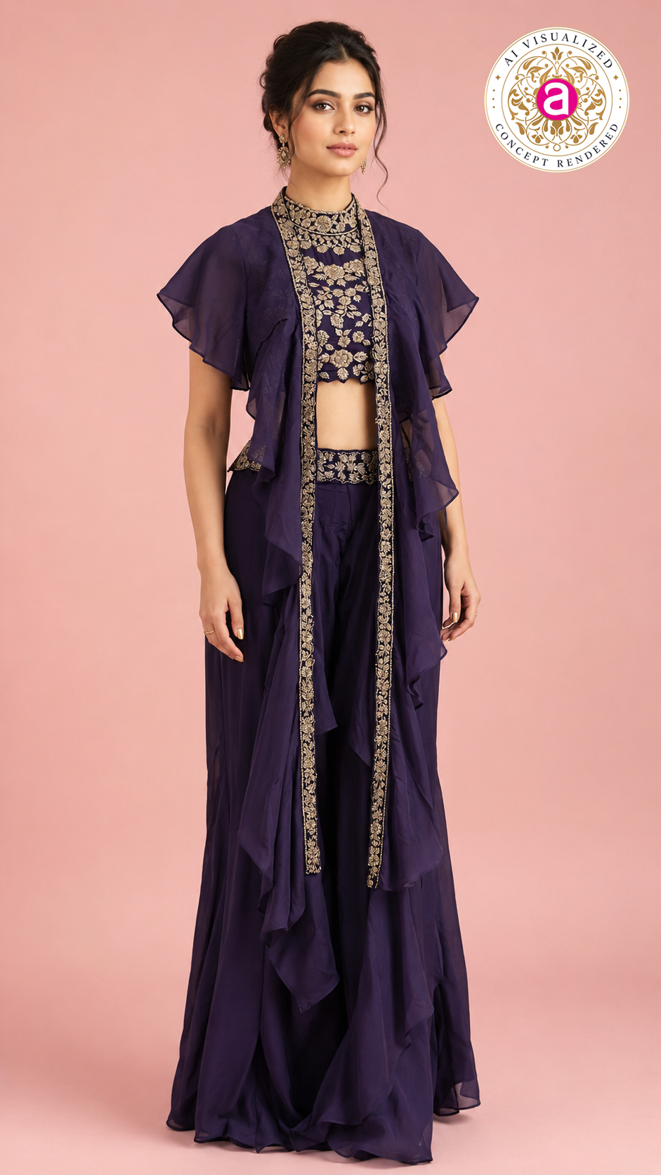 Purple Handwork Palazzo Set with Ruffle Cape Jacket