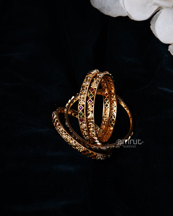 Gold-Toned Bangles with Red and Green Gemstone Accents