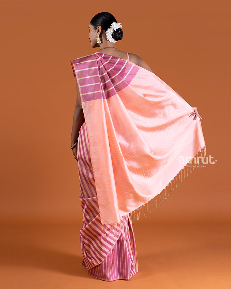 Light Pink and Beige Striped Saree with unstitched blouse