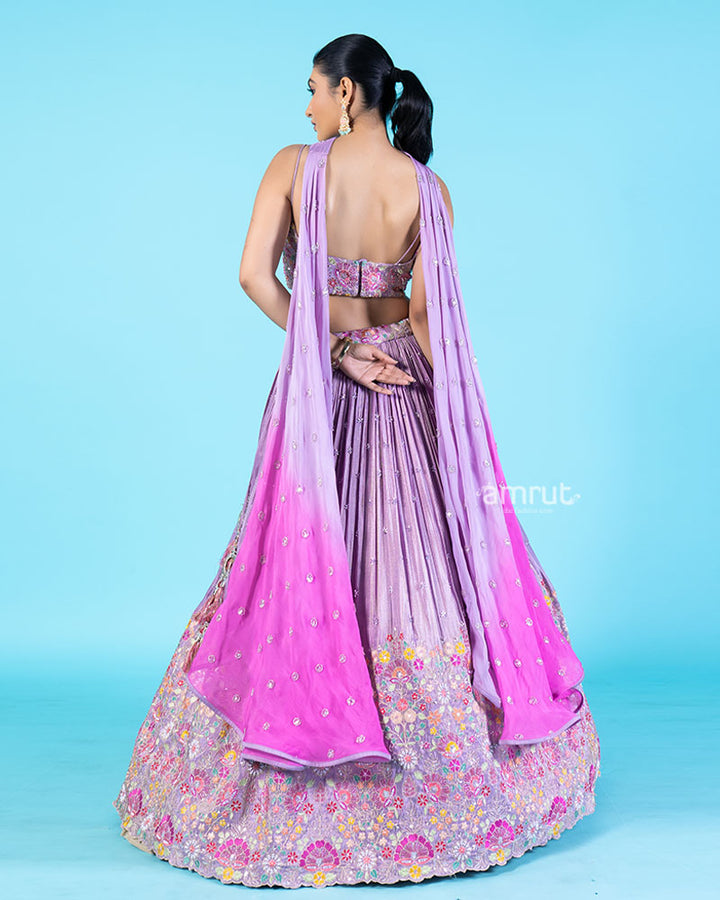 Lavender Floral Embroidered Lehenga Choli with Sheer Dupatta