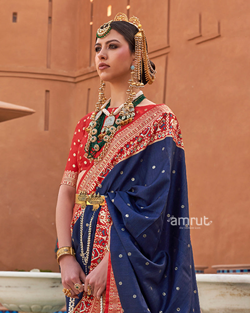 Navy Blue Zari Weaving Red Border Saree in Patola Silk with Unstitched Blouse