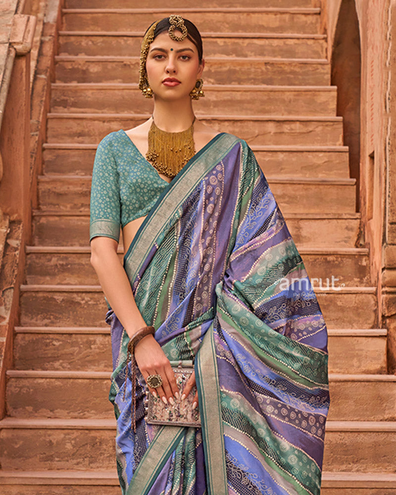 Lavender and Blue Zari Weaving Silk Saree with Unstitched Blouse