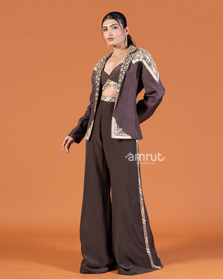 Coffee Crop Top and Pants with Golden Embroidered Embellished Jacket Set