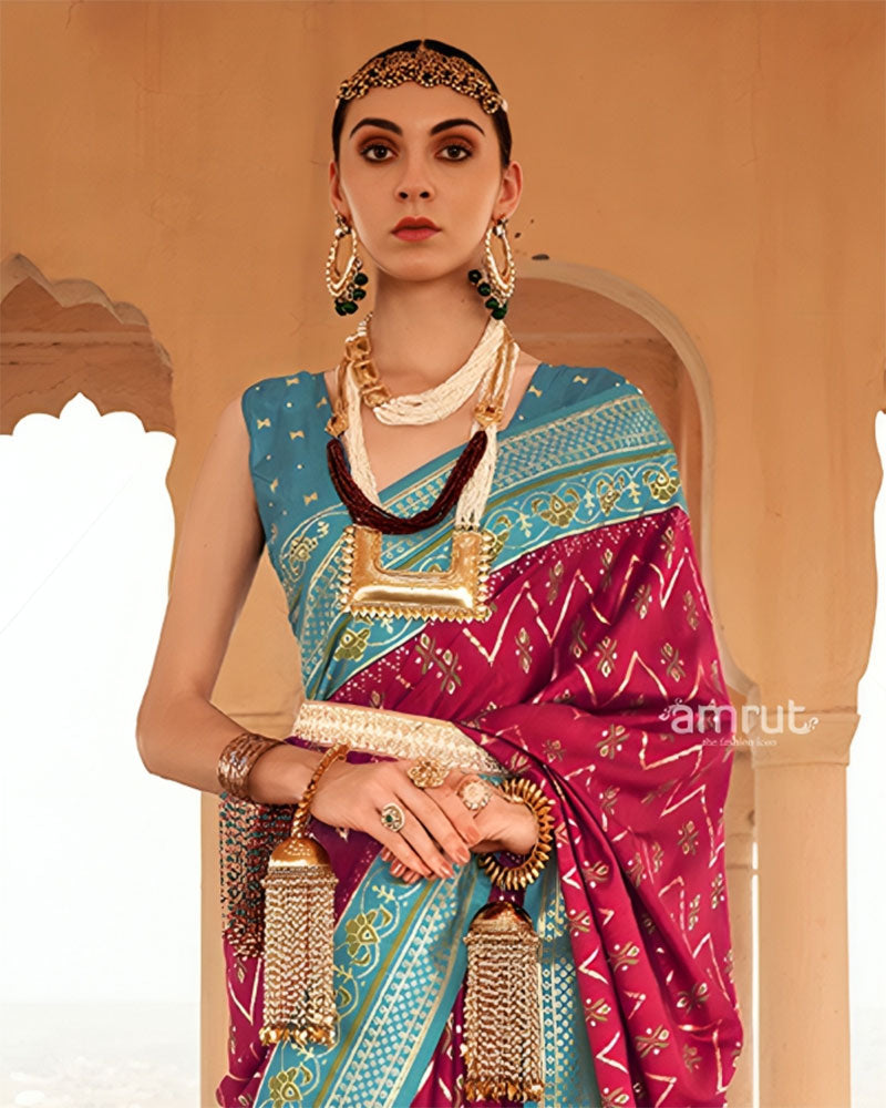 Rani Pink Ikat Printed and Teal Contrast Border Patola Silk Saree with Unstitched Blouse