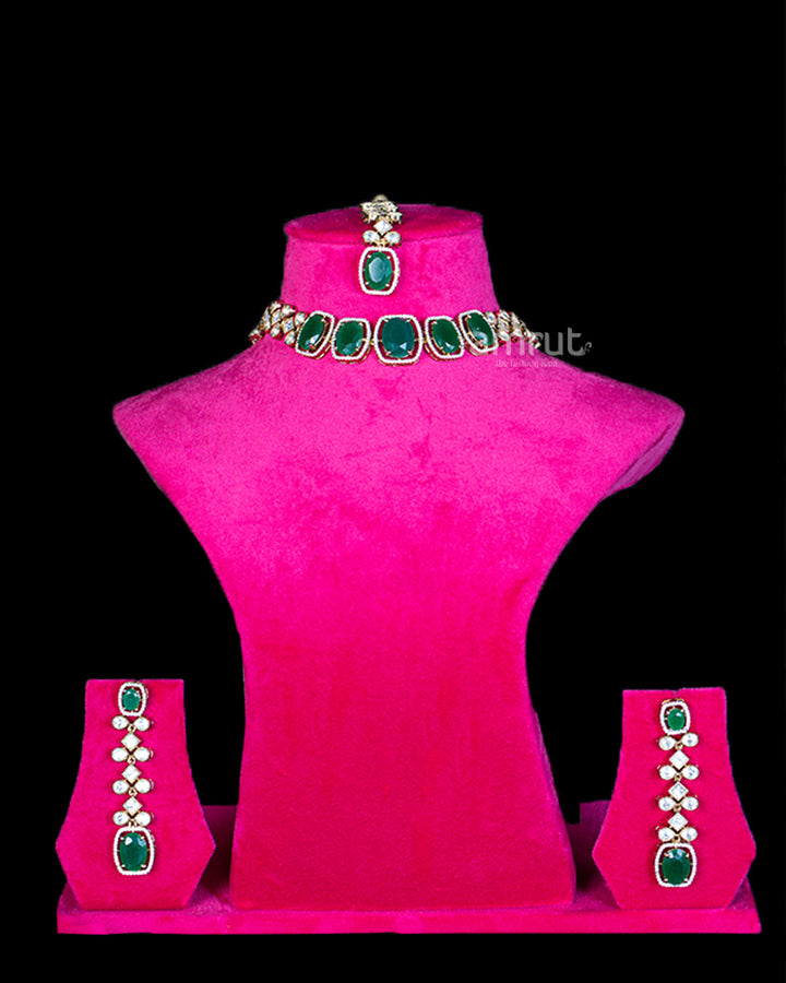 Gold-Toned Emerald Green Necklace, Earrings & Maang Tikka Set