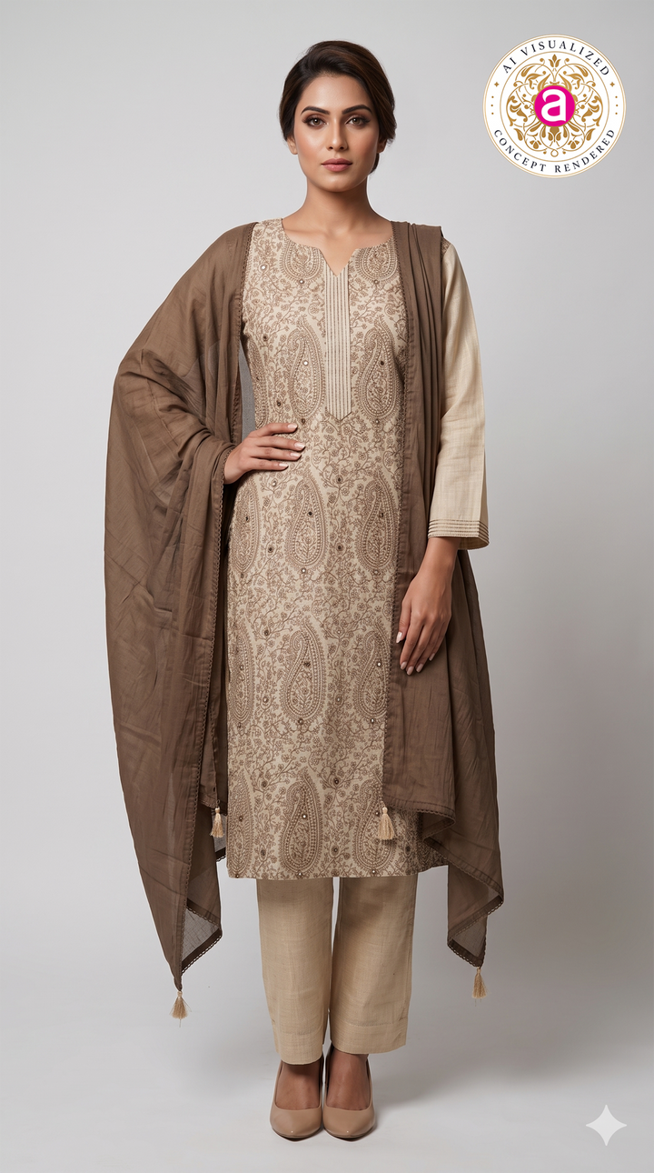 Taupe Paisley Embroidered Straight Kurta Set with Dupatta