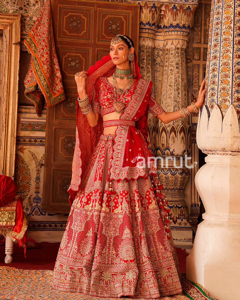 Crimson Red Golden Embroidered Bridal Lehenga Choli with Maroon Dupatta