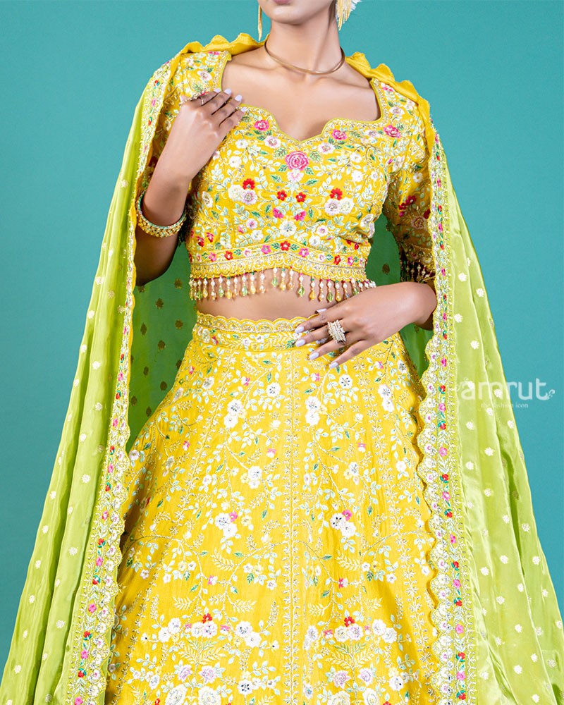 Elegant Yellow Lehenga Choli with Embroidered Choli and Sheer Dupatta