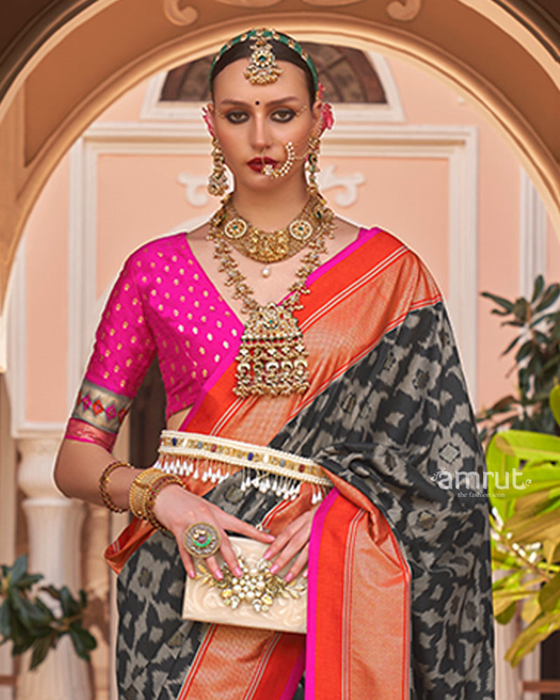 Black Patola Silk Saree with Foil Print & Red-Orange Border with Unstitched Blouse