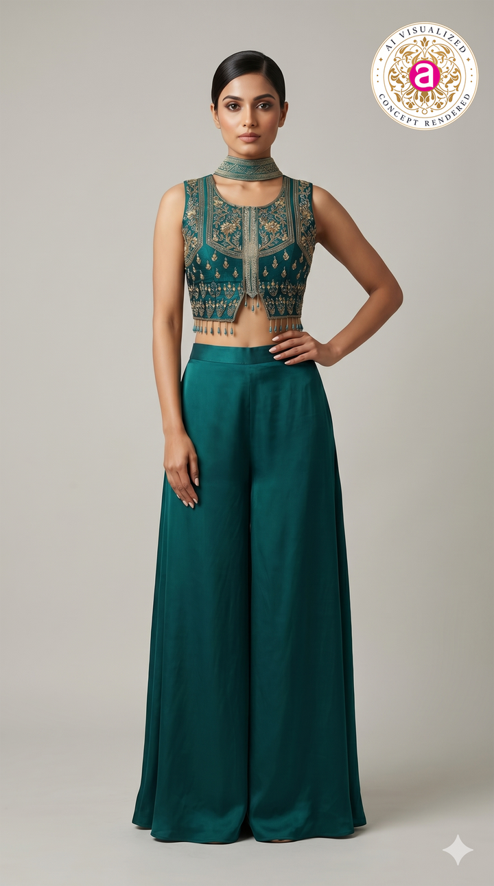 Teal Green Embroidered Indo-Western Co-Ord Set with Palazzo Pants