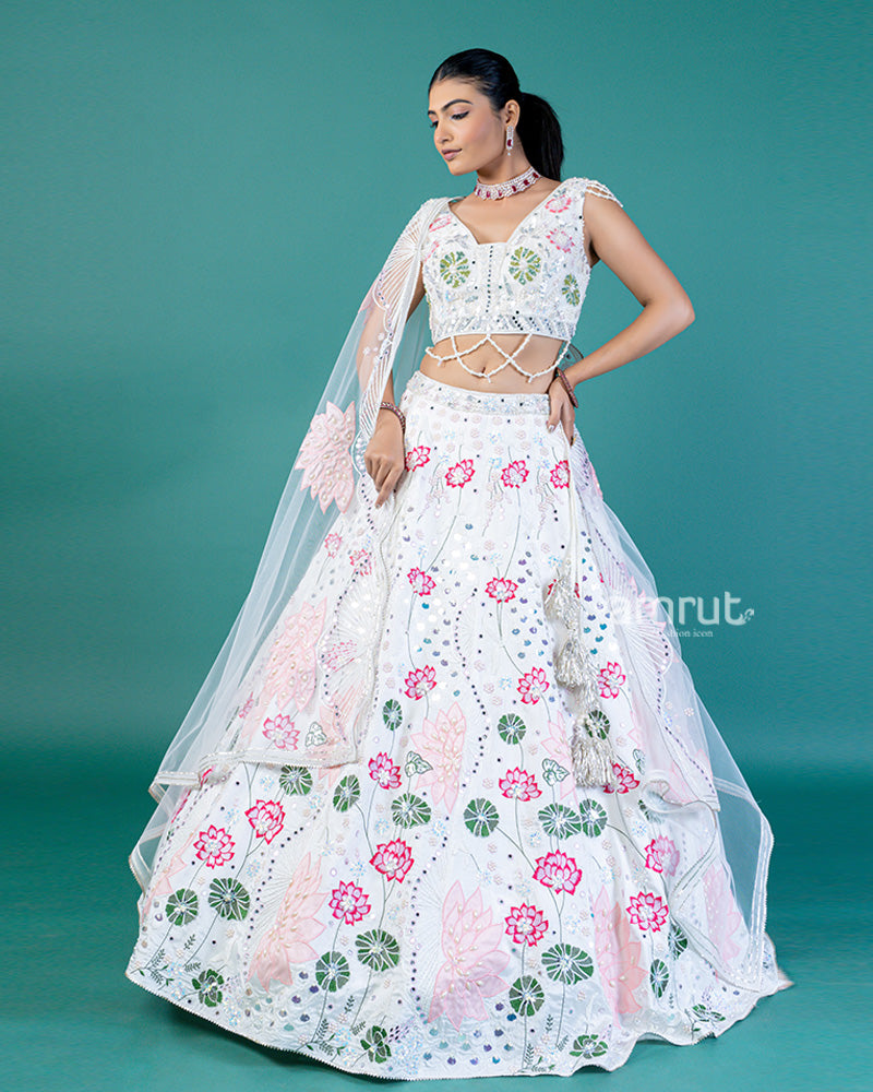 White Embroidered Lehenga with Lotus Design, Sweetheart Neckline Choli, and Sheer Dupatta