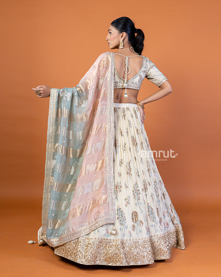 Cream Embellished Lehenga Choli Set with Blush Pink Dupatta