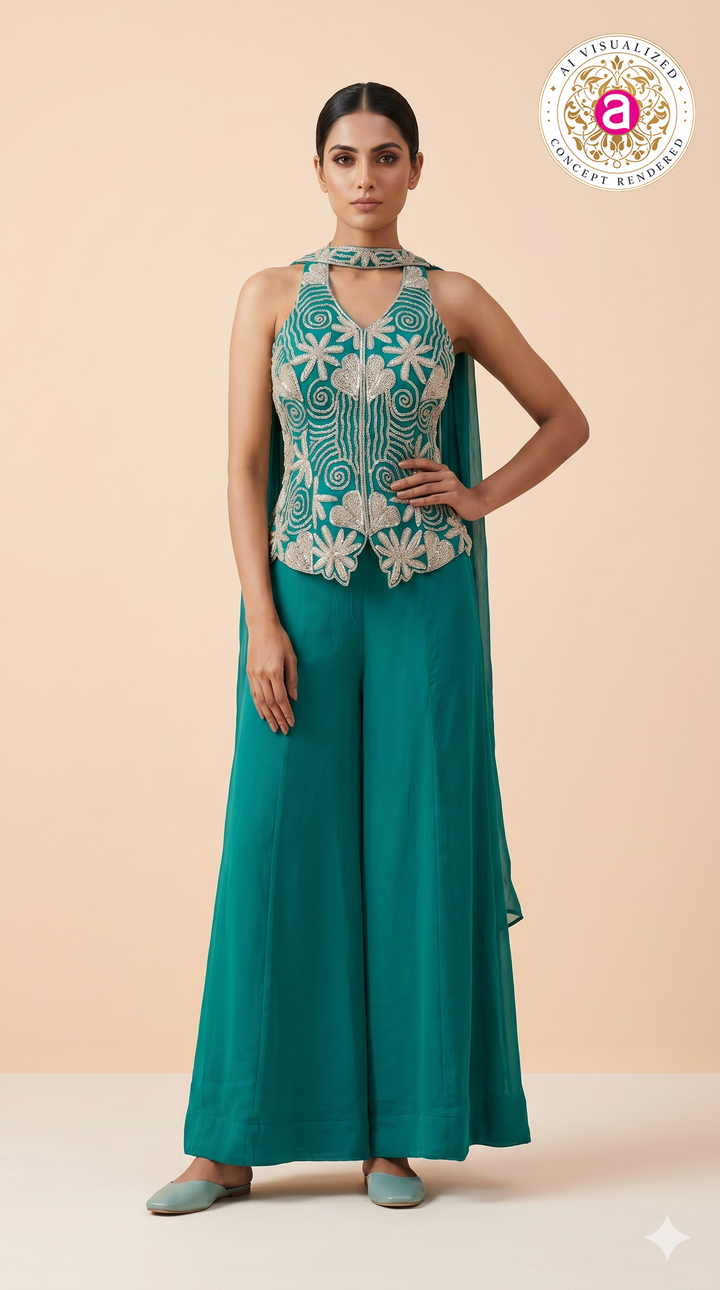 Teal Embroidered Halter Top & Palazzo Set