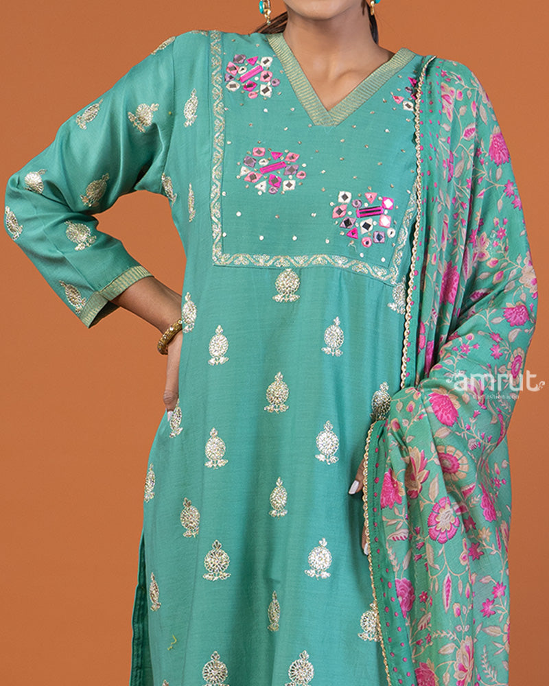 Sky Blue Embroidered Salwar Kameez with Printed Dupatta