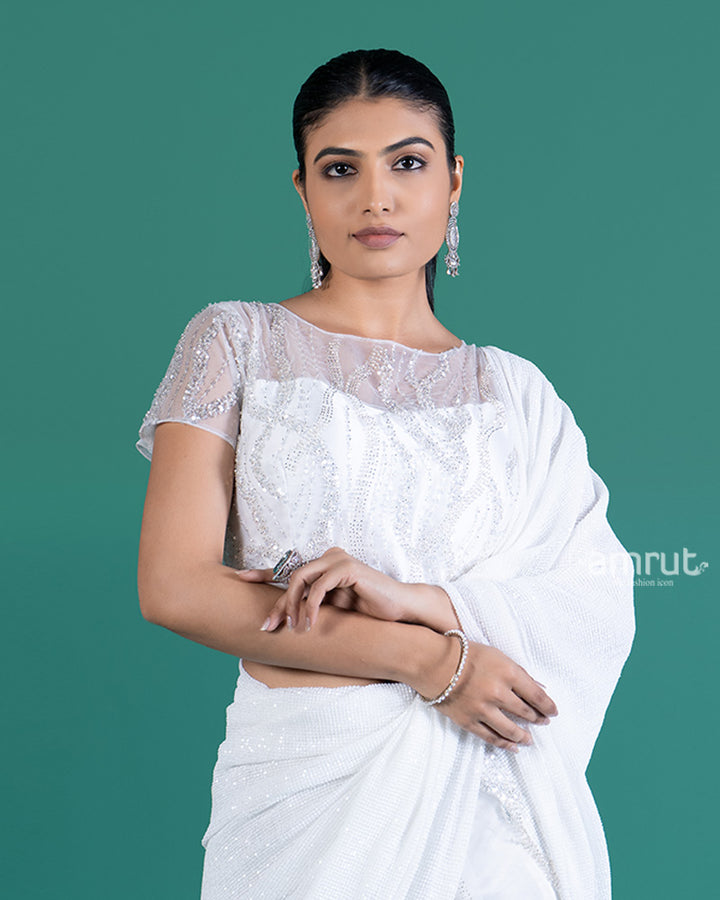 White with Sparkling Sequins Saree and Embellished Cropped Blouse
