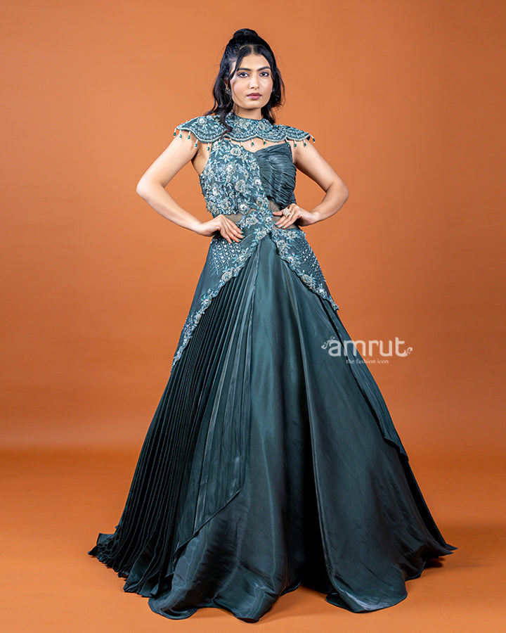 Teal Flared Circular Gown with Heavy Embellishments