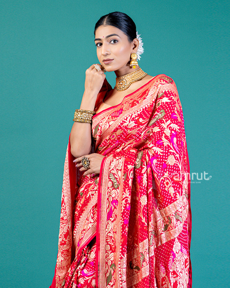 Red-Pink Dual Tone Saree with Zari Floral & Paisley Motifs and Unstitched Blouse